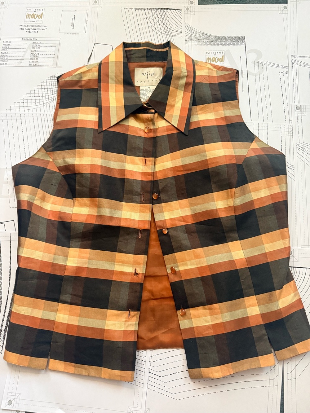 Pure Silk Vision Apparel Plaid Vest in Orange and Black *loose buttons